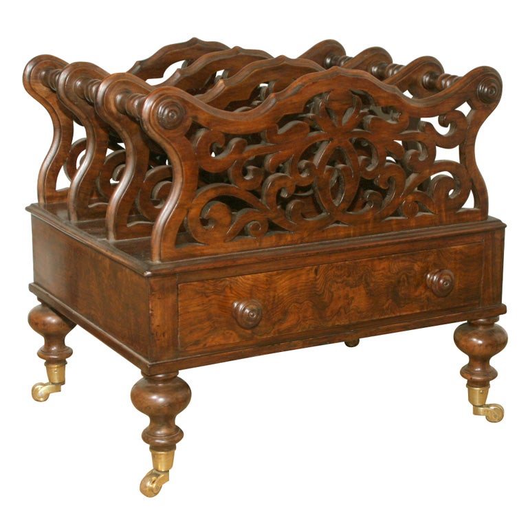 Victorian Period Carved Burl and Figured Walnut Canterbury, circa 1870 For Sale