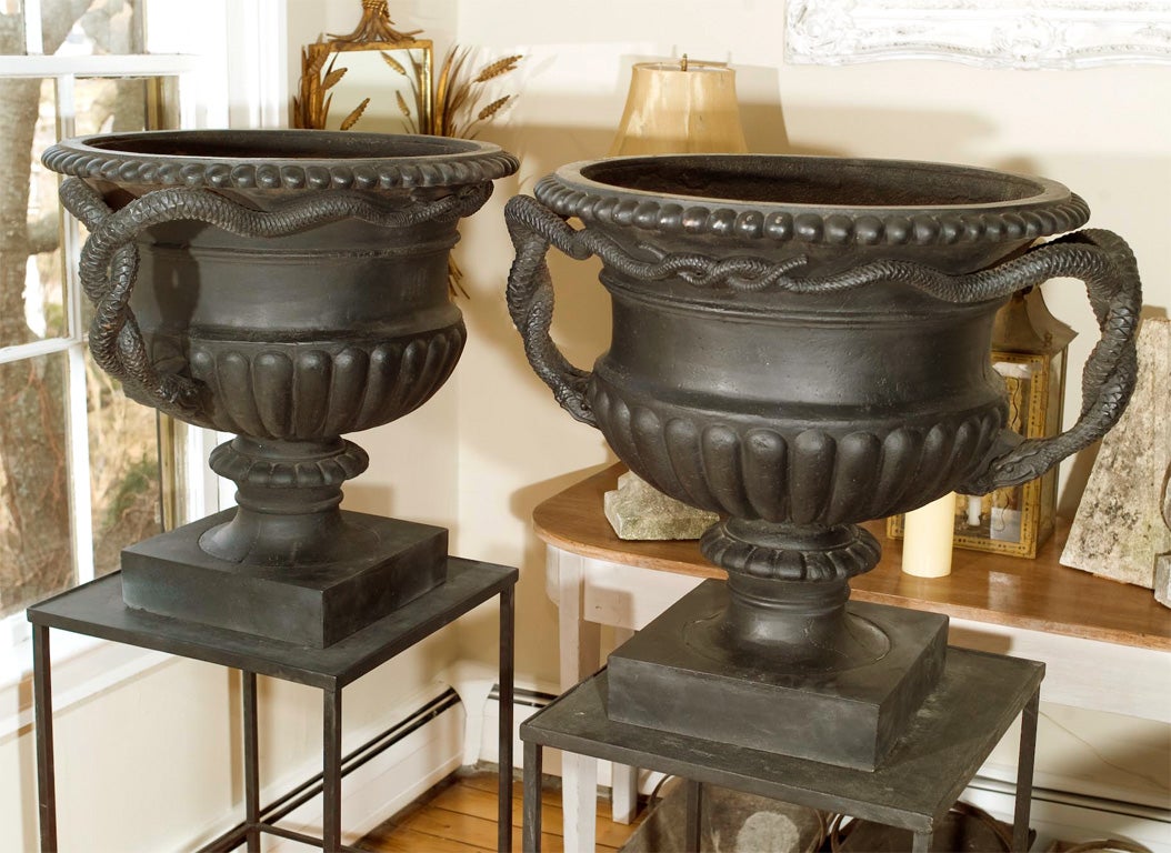 19th Century Pair of Rare Large French Cast Iron Urns with Entwined Serpent Handles