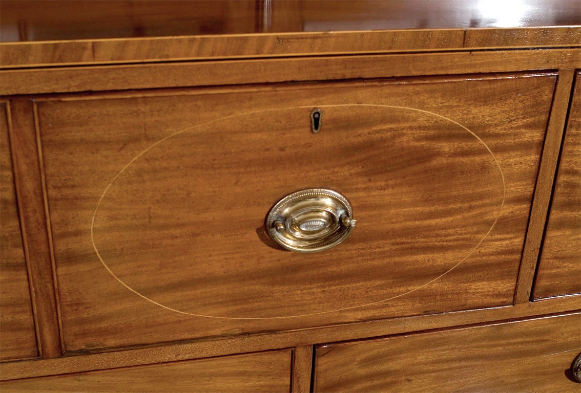 Mahogany butler's secretary on splay feet. Large brass knobs draw the eye to the drawers. The three top drawers each have an oval string inlay of boxwood. This oval is twice repeated on a much grander scale across the large lower drawers, threading