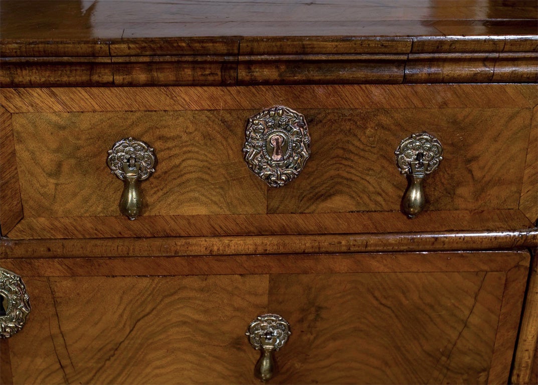 Cassettone inglese di piccole dimensioni in noce a cinque cassetti, con inserto a fascia sul piano e frontali dei cassetti a fascia incrociata; poggia su piedini a staffa. I tiretti a goccia in ottone con piastre posteriori foliate e le rosette