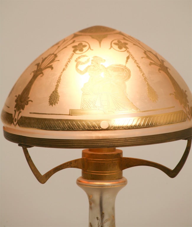 Etched French Frosted Crystal Lamp with Gilded Classical Figures