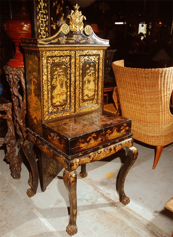 England: Georgian style black lacquered Chinese export small secretary with gilt figural scenes