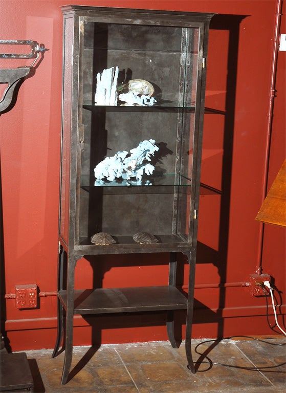 Steel Curio Cabinet in gun metal patina with 2 adjustable glass shelves and 2 set in steel shelves.