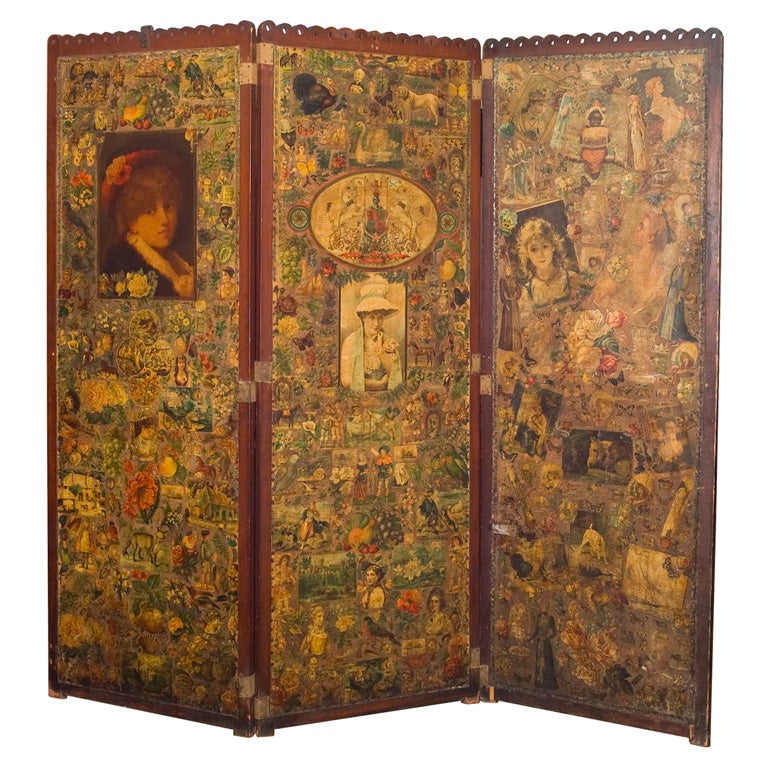 Victorian Decoupage Three Panel Screen For Sale