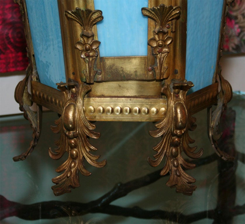 French glass and gilt bronze hanging light fixture, may also be used as a table lamp.