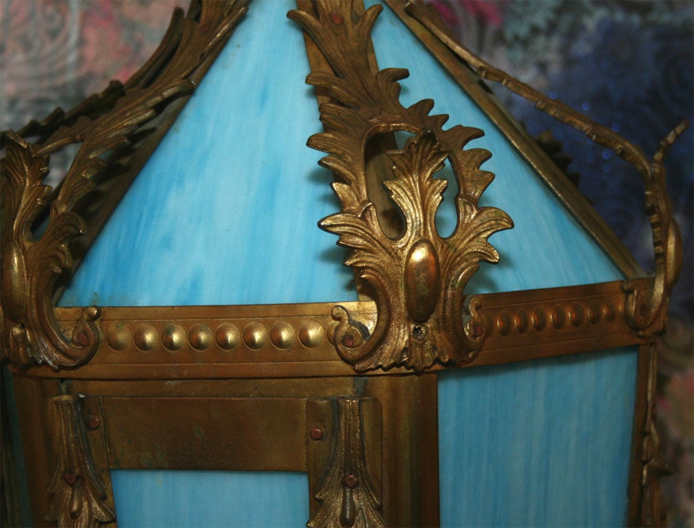 French Blue Glass and Gilt Bronze Hanging Lantern 4