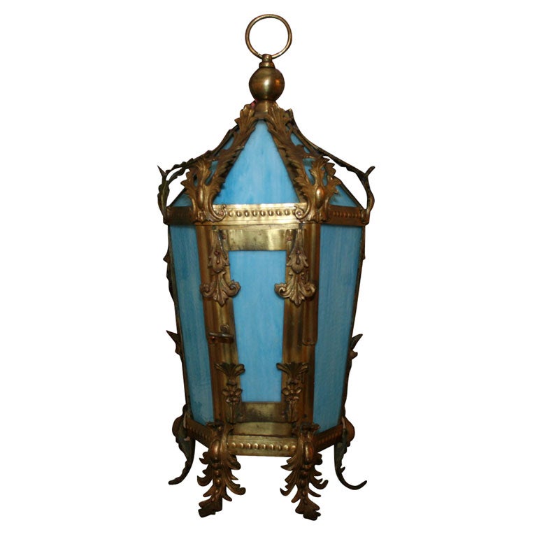 French Blue Glass and Gilt Bronze Hanging Lantern