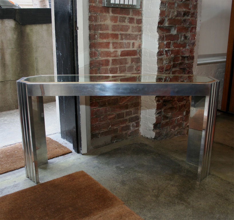 French 70s Aluminum, Brass, and Mirror Console