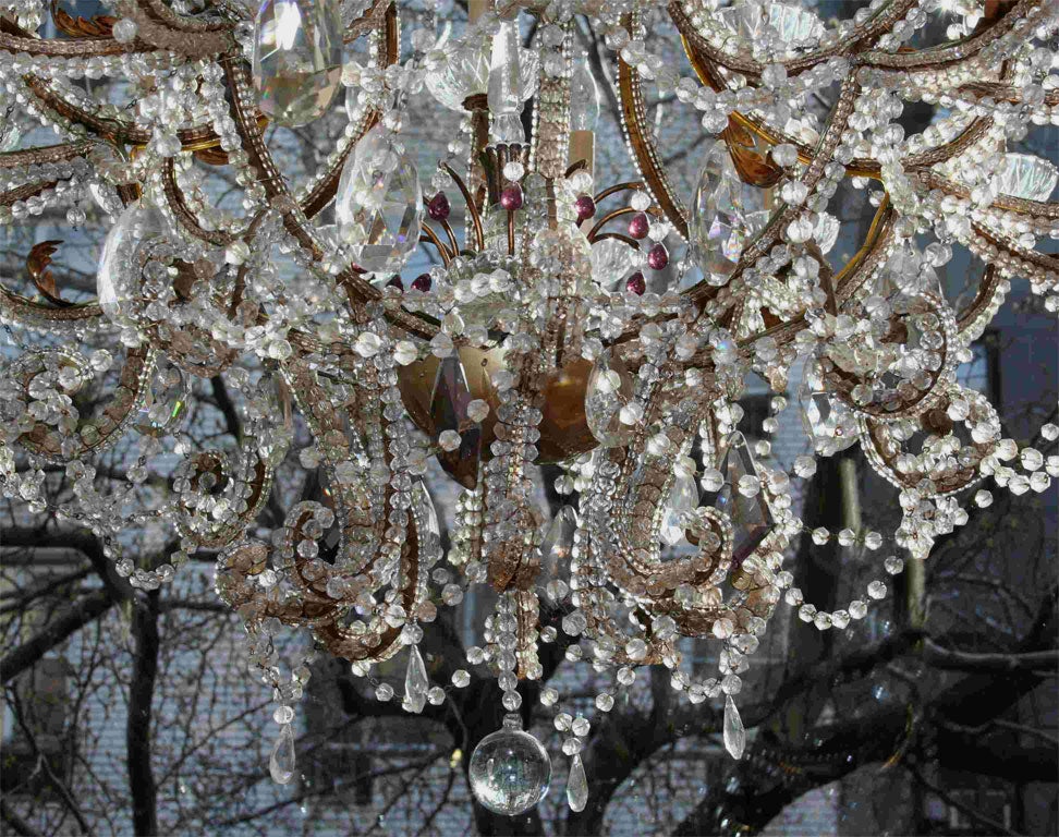 Italian Large Gilt Metal Chandelier with Beaded Crystals