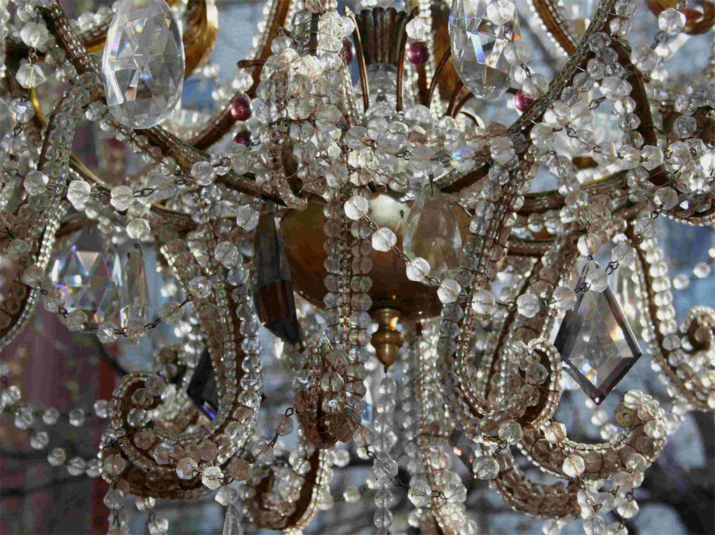 Large Gilt Metal Chandelier with Beaded Crystals In Good Condition In New York, NY