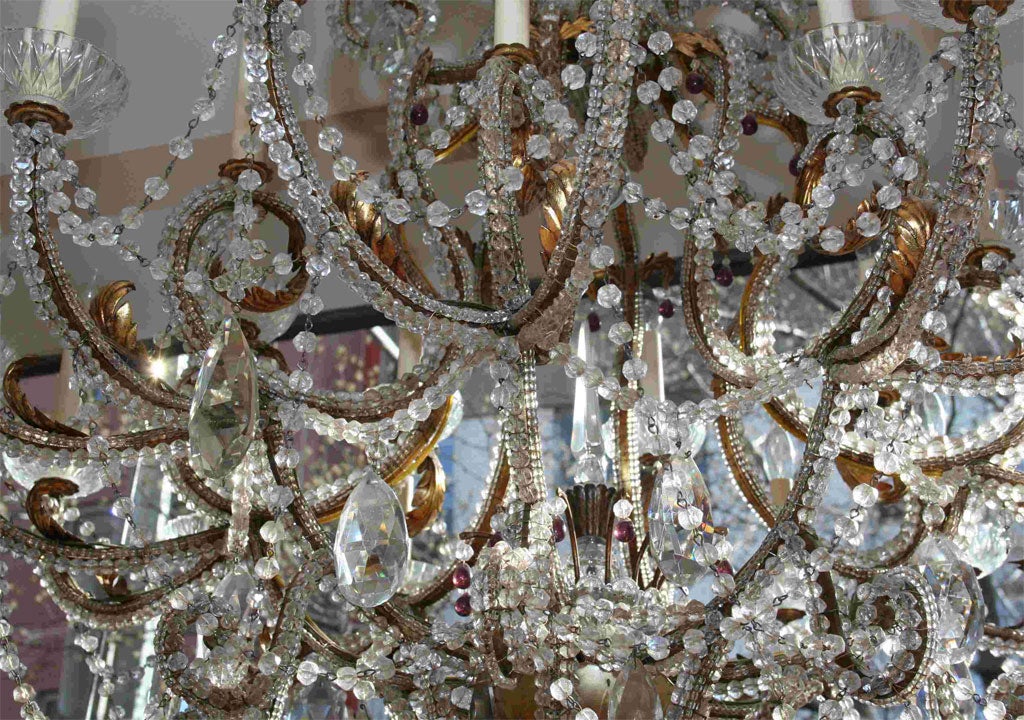 Mid-20th Century Large Gilt Metal Chandelier with Beaded Crystals