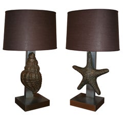 Vintage Pair of Large Patinated Bronze and Steel Table Lamps