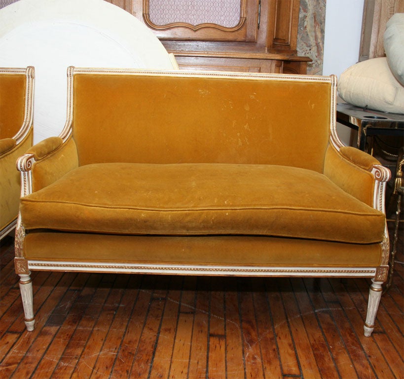 A charming pair of Jansen settees or small sofas. Each sofa is painted white with gilt trim and raised  on classical, tapered and fluted legs. Upholstered with yellow/gold velvet.