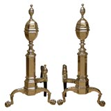 SILVERED ANDIRONS WITH HEXAGONAL URN FINIALS & SHAFTS