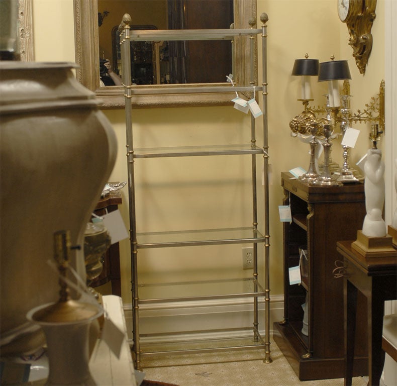 PAIR OF MID C GLASS/STEEL/BRASS ETEGERES WITH PINEAPPLE FINIALS