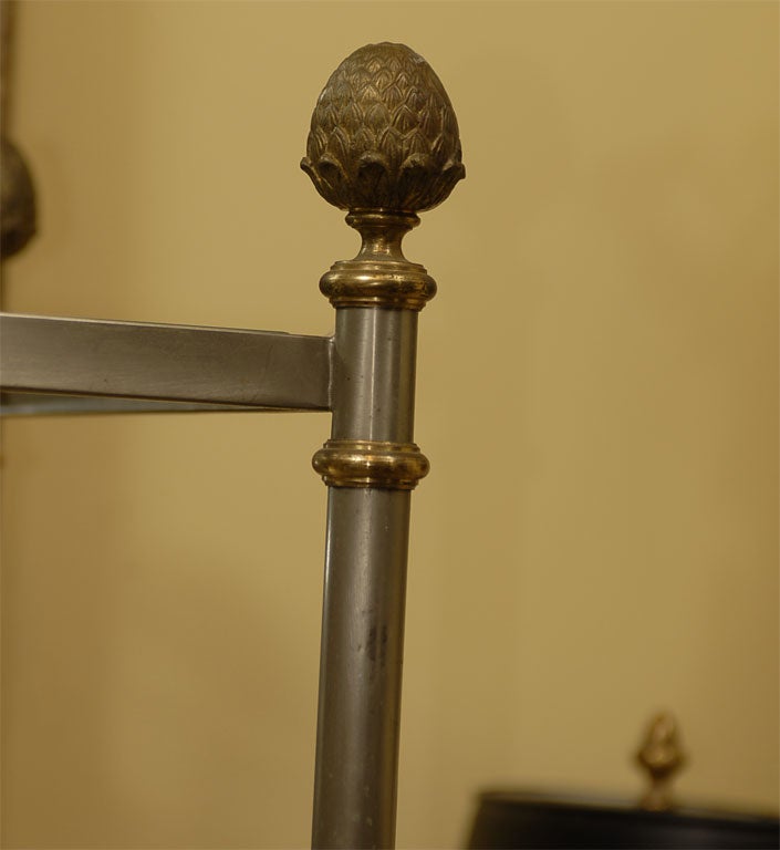 PAIR OF GLASS/STEEL/BRASS ETEGERES WITH PINEAPPLE FINIALS In Excellent Condition In Atlanta, GA