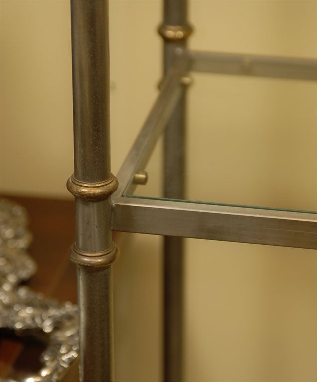 PAIR OF GLASS/STEEL/BRASS ETEGERES WITH PINEAPPLE FINIALS 1