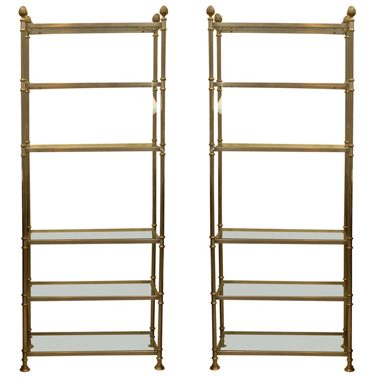 PAIR OF GLASS/STEEL/BRASS ETEGERES WITH PINEAPPLE FINIALS