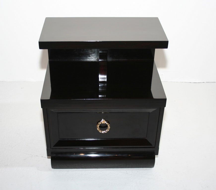 American Pair of Ebonized Art Deco Nightstands with Brass Pulls