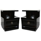 Vintage Pair of Ebonized Art Deco Nightstands with Brass Pulls