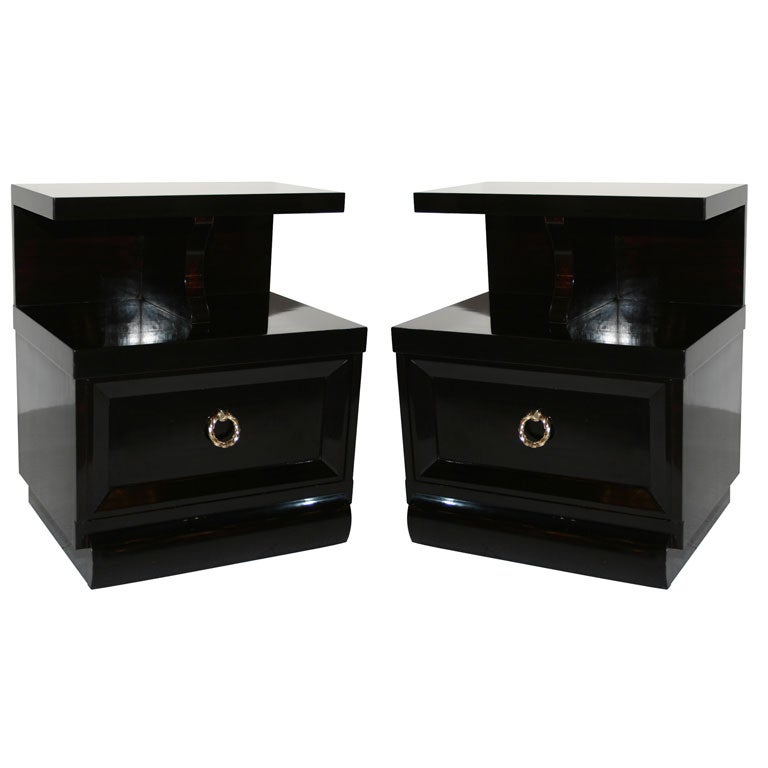 Pair of Ebonized Art Deco Nightstands with Brass Pulls