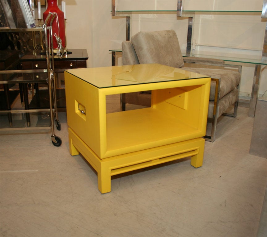 Open storage yellow side tables with nickel plated side handles