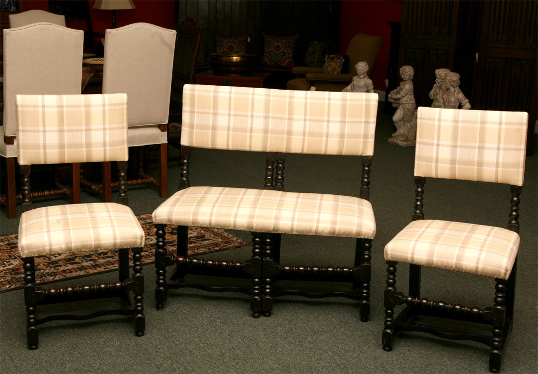 English William and Mary style ebonized bench and two side chairs<br />
Ca. 1800 Turned front legs and stretcher, upholstered seat and back