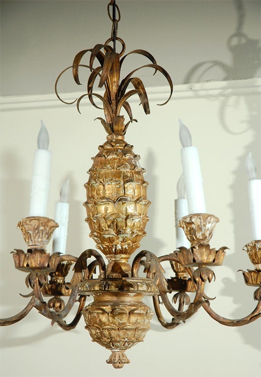 A Vintage Pineapple Chandelier,c. 1940s, with 6 metal gilt arms.