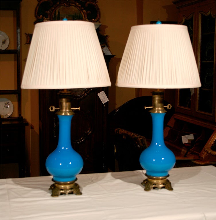 Pair French Blue Opaline Oil Lamps, Circa 1860, electrified.