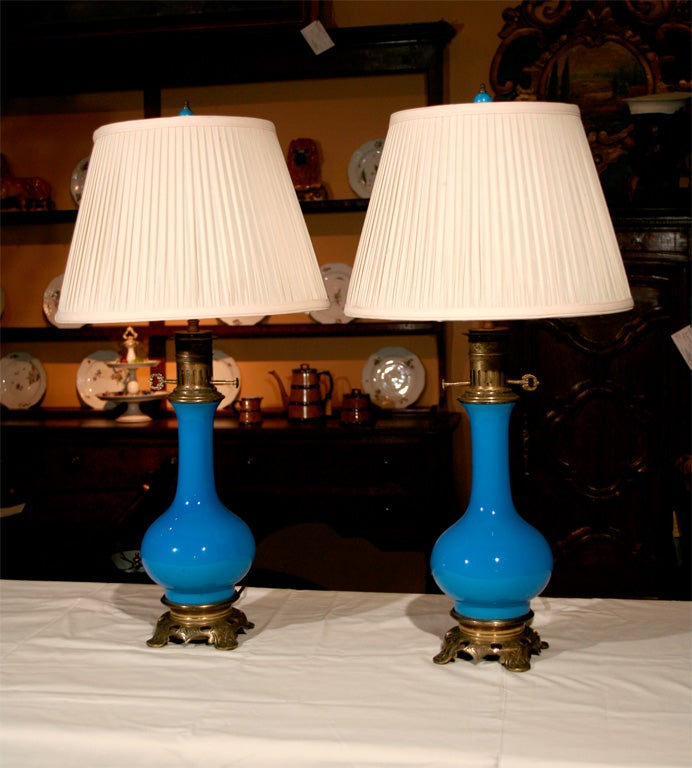 19th Century Pair French Blue Opaline Oil Lamps, Circa 1860