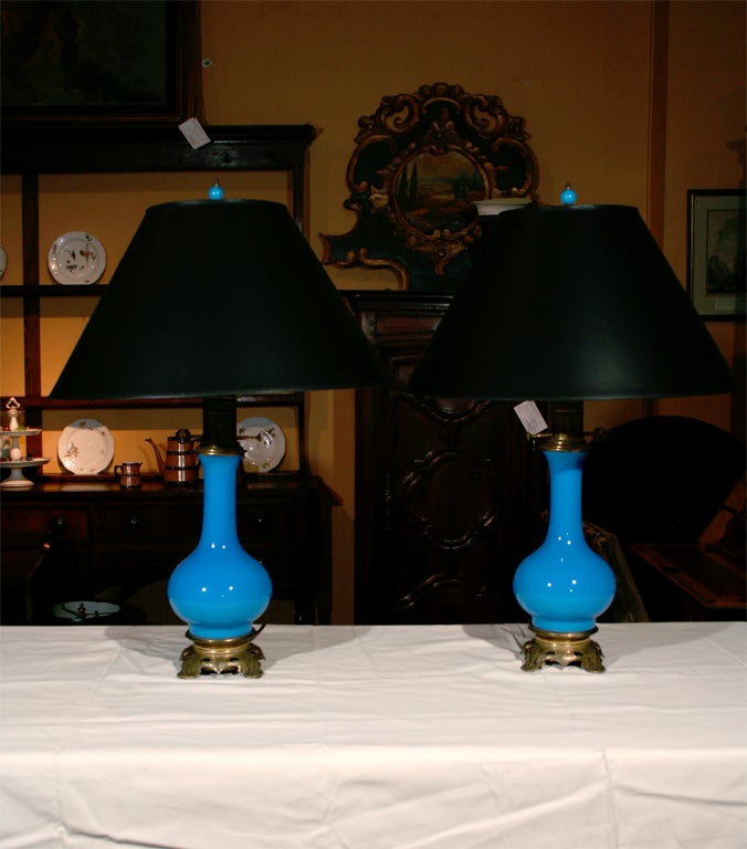 Opaline Glass Pair French Blue Opaline Oil Lamps, Circa 1860