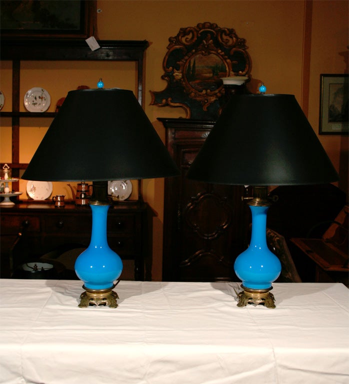 Pair French Blue Opaline Oil Lamps, Circa 1860 1