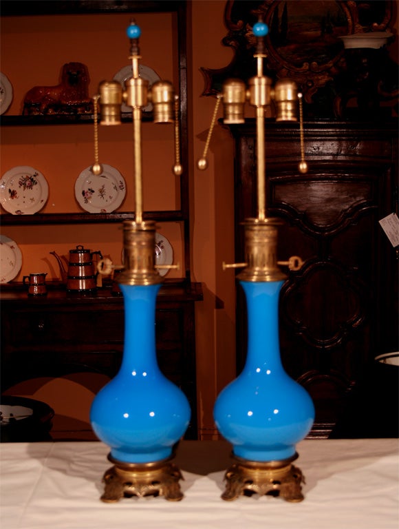 Pair French Blue Opaline Oil Lamps, Circa 1860 2