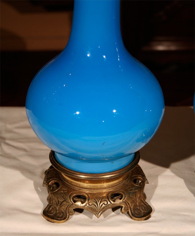 Pair French Blue Opaline Oil Lamps, Circa 1860 4