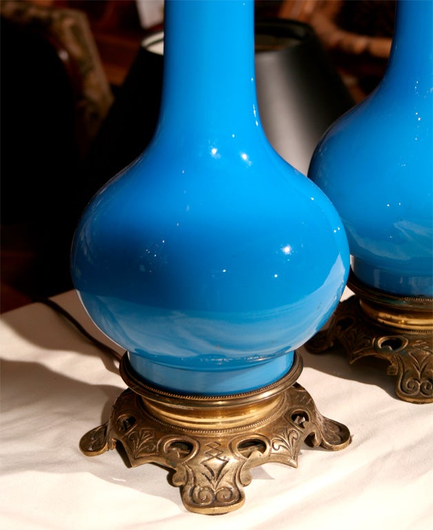 Pair French Blue Opaline Oil Lamps, Circa 1860 5