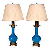 Pair French Blue Opaline Oil Lamps, Circa 1860