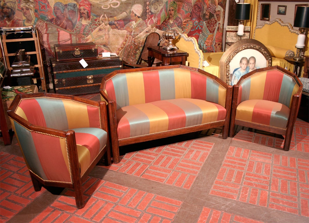 French Beechwood Art Deco Settee & Pair of Armchairs, Circa 1935