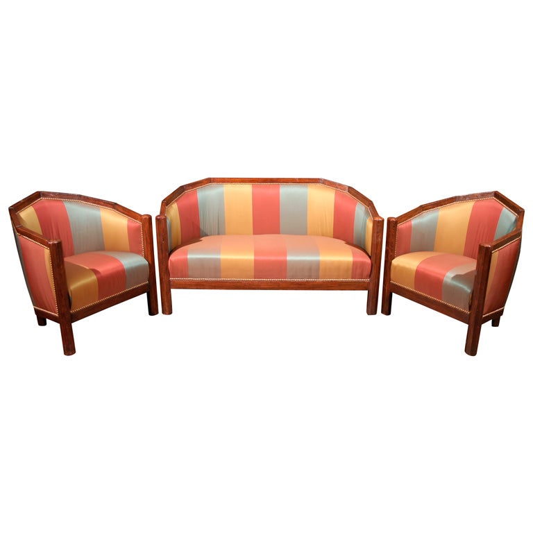 French Beechwood Art Deco Settee & Pair of Armchairs, Circa 1935 For Sale