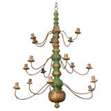 Antique Green Painted Wood and Metal Chandelier