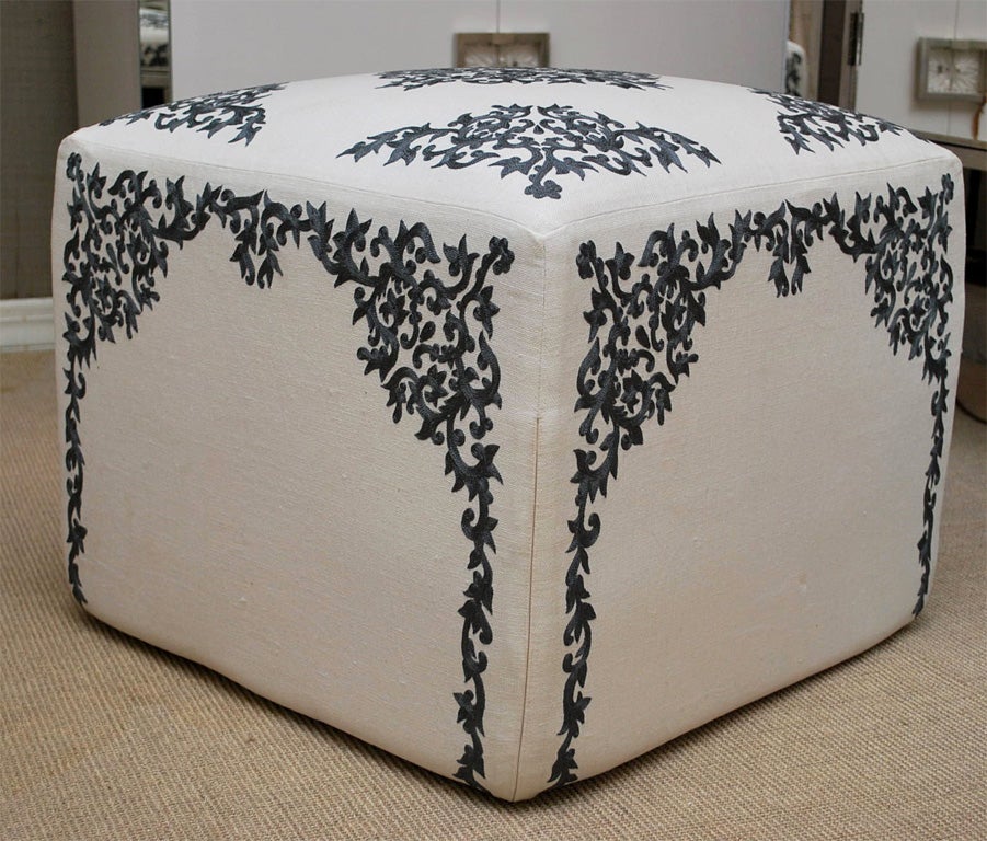 Contemporary Ottoman with French Embroidery on Linen