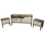 Retro Ebonized and Mirrored Dresser with Night Stands