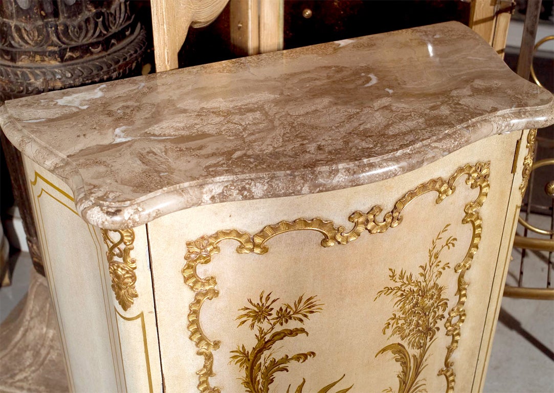 Pair of Jansen Stamped Chinoiserie Cabinets with Marble Tops