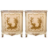 Pair of Jansen Stamped Chinoiserie Cabinets with Marble Tops