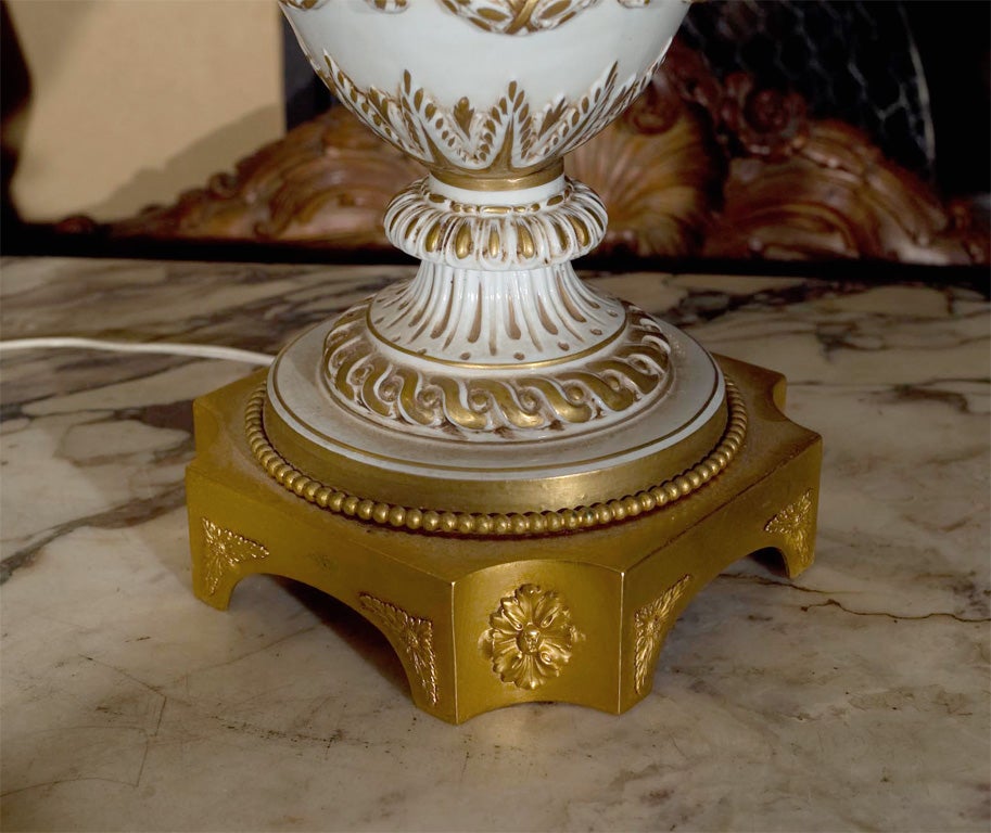 Pair of Ornate White Ceramic Hollywood Regency Style Lamps on Bronze Base 3