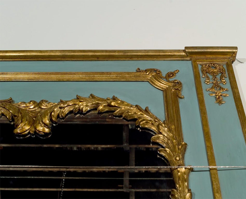 French Stamped Jansen Gilt Wood Paint Decorated Trumeau Mirror