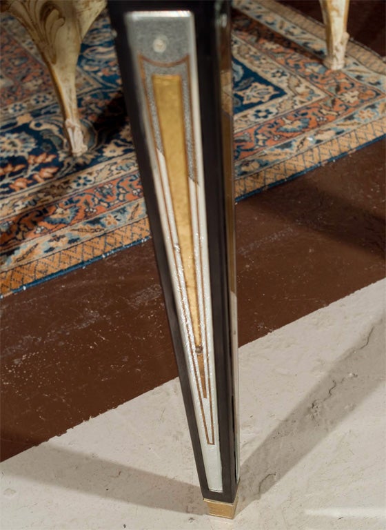 Hollywood Regency Pair of Gilt Decorated Églomisé Mirrored Demilune Console Tables