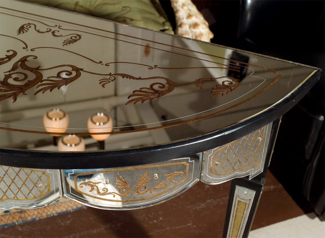 Argentine Pair of Gilt Decorated Églomisé Mirrored Demilune Console Tables