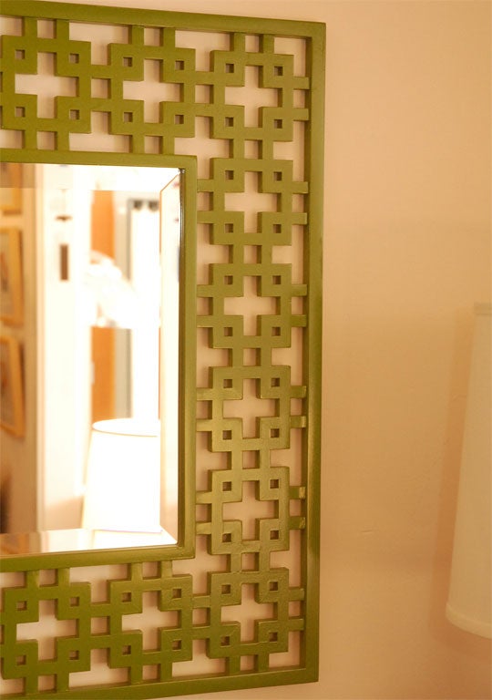 Bright green hand carved Mirror In Excellent Condition In Santa Monica, CA