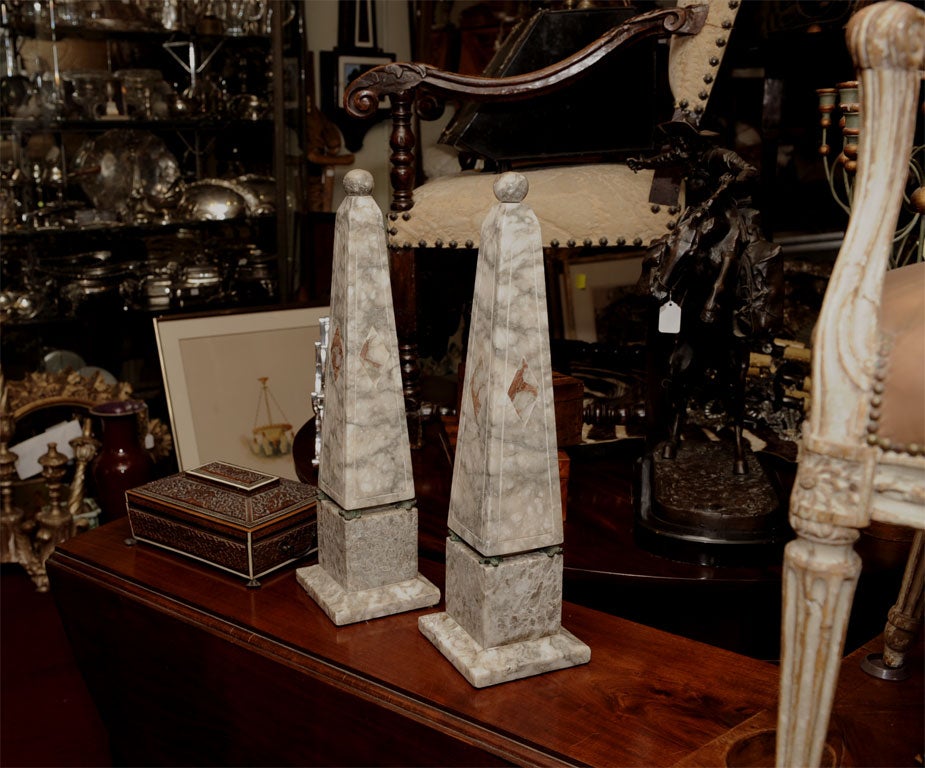 Matched pair of large alabaster obelisks on alabaster plinths. Italy, early to mid 20th century.