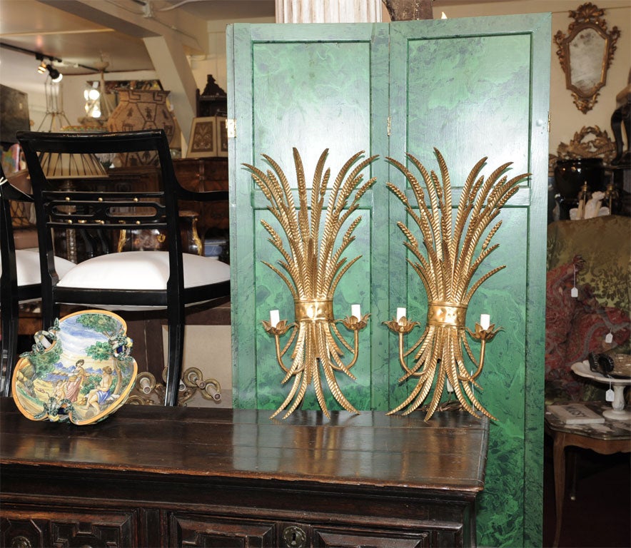 Pair of Italian Gilt Metal Wheat Sconces